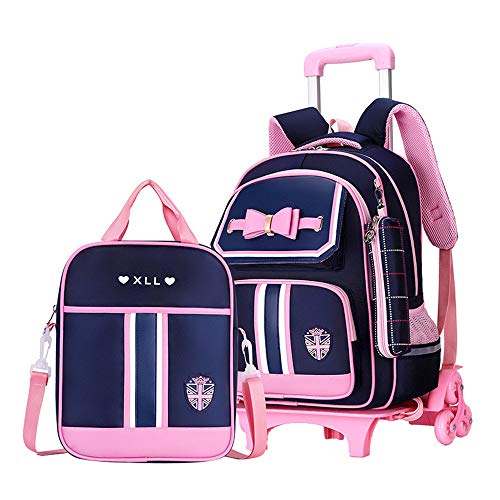 3Pcs Bowknot Princess Style Trolley School Book Bag for Girls Boys Wheeled Backpack with 6 Wheels