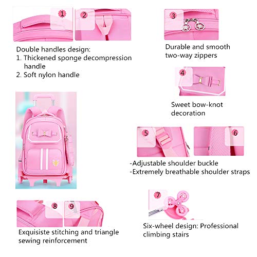 3Pcs Bowknot Princess Style Trolley School Book Bag for Girls Boys Wheeled Backpack with 6 Wheels