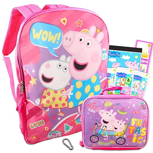 Nicktoons Peppa Pig Backpack and Lunch Box for Kids - 6 Pc Bundle with 16" Peppa Pig School Backpack Bag, Lunch Bag, Flashcards, Stickers, and More (Peppa Pig School Supplies)