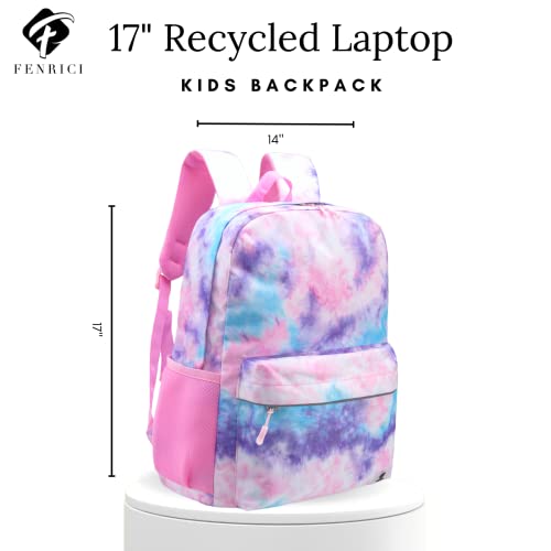 Fenrici Kids Backpack for Girls, Teens Recycled School Bag With Padded Laptop Compartment, Ideal for Everyday Use and Travel - 17 Inches (Pink Tie Dye)