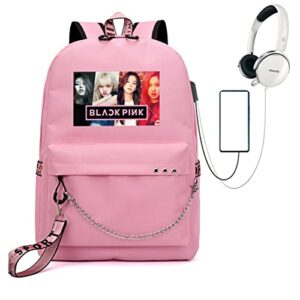 cusalboy kpop backpack lisa rose jisoo jennie color photo computer backpack fashiontravel business work backpack whit usb port (pink)