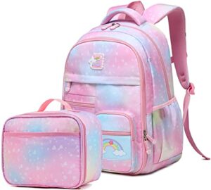 wraifa backpack for girls, rainbow bookbag elementary school bag princess girl backpacks mochilas para niñas (lunch bag set heart pink)