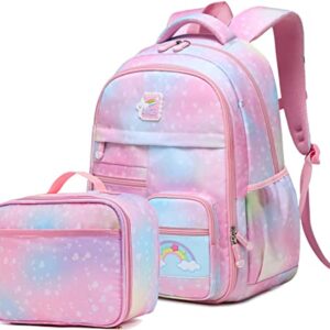 Wraifa Backpack for Girls, Rainbow Bookbag Elementary School Bag Princess Girl Backpacks Mochilas Para Niñas (Lunch Bag Set Heart Pink)