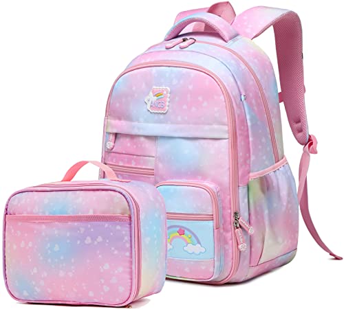 Wraifa Backpack for Girls, Rainbow Bookbag Elementary School Bag Princess Girl Backpacks Mochilas Para Niñas (Lunch Bag Set Heart Pink)