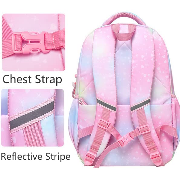 Wraifa Backpack for Girls, Rainbow Bookbag Elementary School Bag Princess Girl Backpacks Mochilas Para Niñas (Lunch Bag Set Heart Pink)