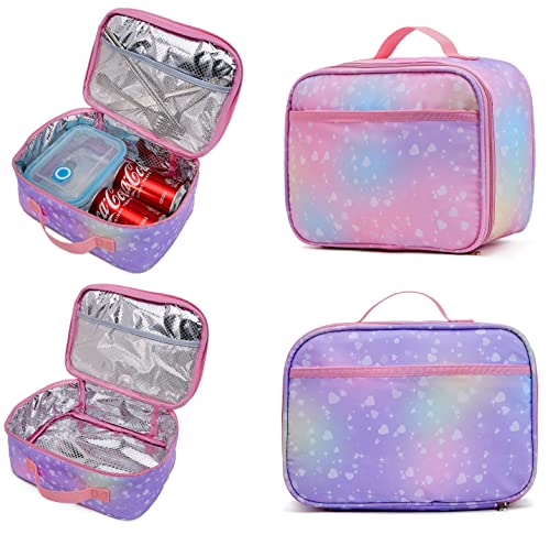 Wraifa Backpack for Girls, Rainbow Bookbag Elementary School Bag Princess Girl Backpacks Mochilas Para Niñas (Lunch Bag Set Heart Pink)