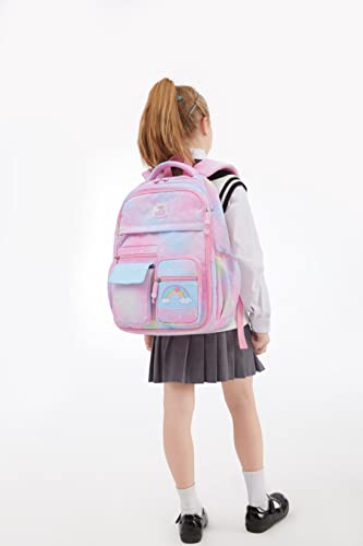 Wraifa Backpack for Girls, Rainbow Bookbag Elementary School Bag Princess Girl Backpacks Mochilas Para Niñas (Lunch Bag Set Heart Pink)