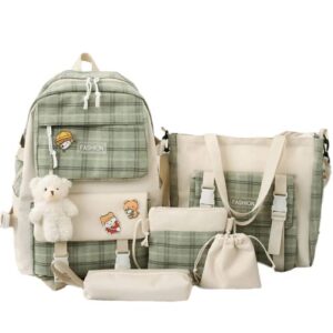 5pcs canvas school backpack combo set with kawaii bear pendant cute pins plaid check handle shoulder tote bag schoolbag (green)