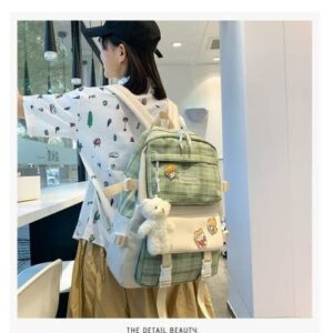 5Pcs Canvas School Backpack Combo Set with Kawaii Bear Pendant Cute Pins Plaid Check Handle Shoulder Tote Bag Schoolbag (Green)