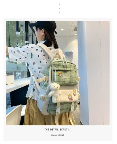 5Pcs Canvas School Backpack Combo Set with Kawaii Bear Pendant Cute Pins Plaid Check Handle Shoulder Tote Bag Schoolbag (Green)