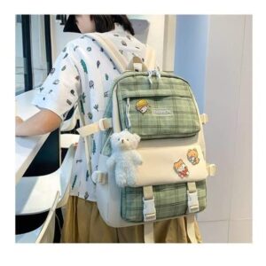 5Pcs Canvas School Backpack Combo Set with Kawaii Bear Pendant Cute Pins Plaid Check Handle Shoulder Tote Bag Schoolbag (Green)