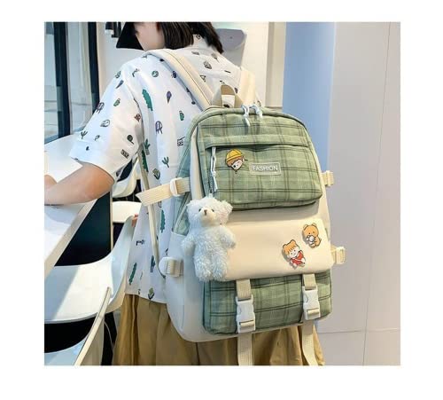 5Pcs Canvas School Backpack Combo Set with Kawaii Bear Pendant Cute Pins Plaid Check Handle Shoulder Tote Bag Schoolbag (Green)