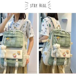 5Pcs Canvas School Backpack Combo Set with Kawaii Bear Pendant Cute Pins Plaid Check Handle Shoulder Tote Bag Schoolbag (Green)