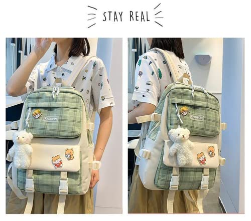 5Pcs Canvas School Backpack Combo Set with Kawaii Bear Pendant Cute Pins Plaid Check Handle Shoulder Tote Bag Schoolbag (Green)
