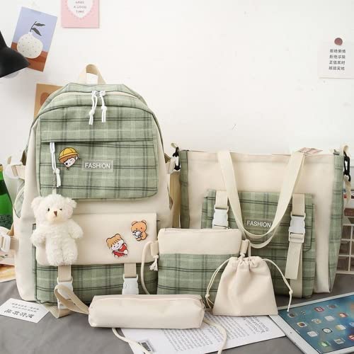 5Pcs Canvas School Backpack Combo Set with Kawaii Bear Pendant Cute Pins Plaid Check Handle Shoulder Tote Bag Schoolbag (Green)