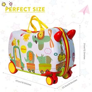 MOREFUN Kids Luggage Toddler Suitcase,Kids Carry on Luggage with Wheels for Girls,Kids Suitcase Ride on Suitcase for Kids (Yellow Zoo)