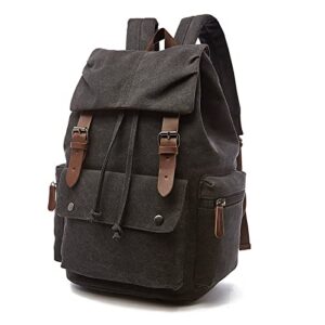 canvas backpack rucksack genuine leather casual daypack schoolbag college bookbag for men women outdoor cycling hiking travel laptop school black