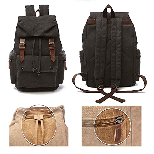 Canvas Backpack Rucksack Genuine Leather Casual Daypack Schoolbag College Bookbag for Men Women Outdoor Cycling Hiking Travel Laptop School Black
