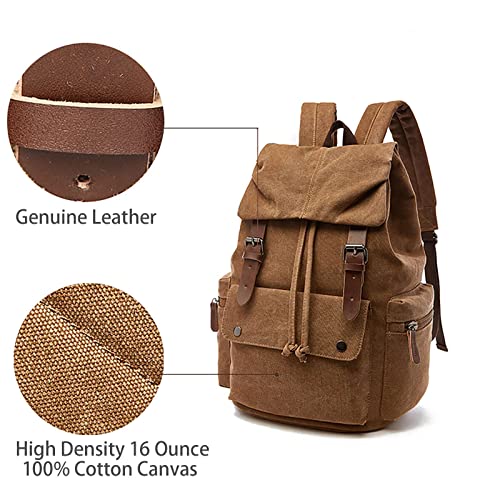 Canvas Backpack Rucksack Genuine Leather Casual Daypack Schoolbag College Bookbag for Men Women Outdoor Cycling Hiking Travel Laptop School Black