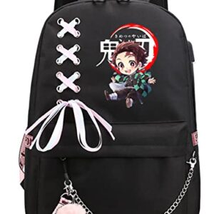 LOVEYANGAG Anime Backpack Kawaii Colleage Bookbag School Bag Casual Daypack Mochila with USB Charging Port (Kamado Tanjirou)