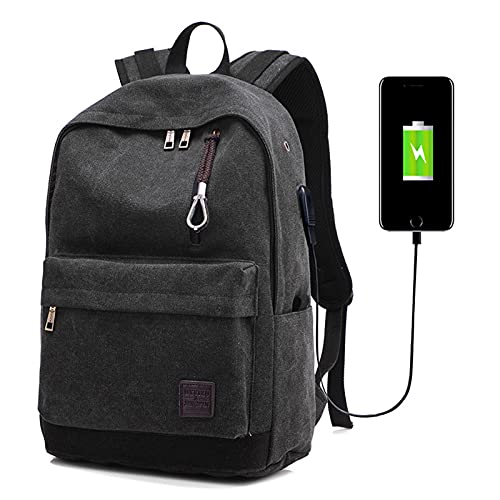 XINGWANG Backpack, Canvas Business Travel Backpack, Student School Bag, Laptop Backpack, External USB Charging Bag with Headphone Jack (Black)