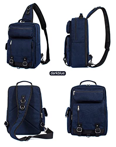 Messenger Bag for Men Canvas Sling Bag Crossbody Backpack Laptop Shoulder Bag Hiking Daypacks Casual Tactical Travel School (Dark blue-D)