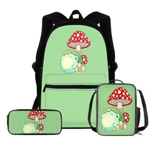 HUIACONG Mushroom Frog Backpack Set Snail Print Kids School Bookbag+Lunchbox Pack with Holder+Pencil Case 3 Pieces Insulated Lunch Bag Rucksack Set