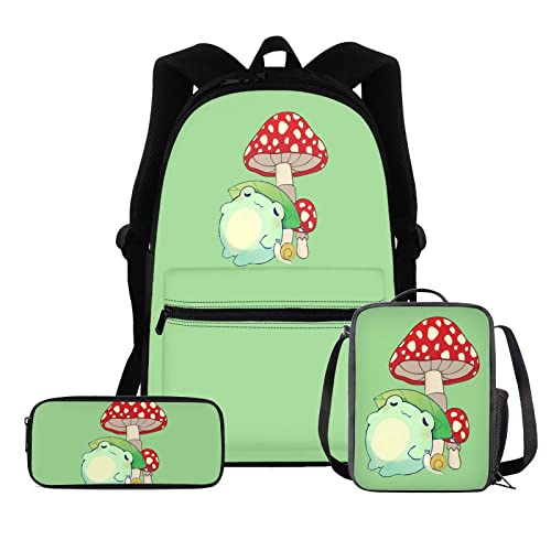 HUIACONG Mushroom Frog Backpack Set Snail Print Kids School Bookbag+Lunchbox Pack with Holder+Pencil Case 3 Pieces Insulated Lunch Bag Rucksack Set