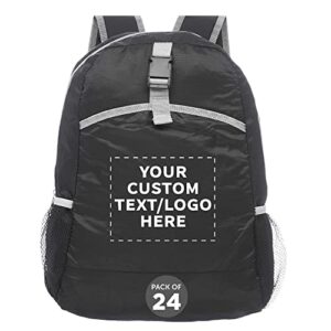 DISCOUNT PROMOS Custom Lightweight Travel Packable Backpacks Set of 24, Personalized Bulk Pack - Perfect for School, Camping, Outdoor Sports - Black