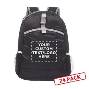 DISCOUNT PROMOS Custom Lightweight Travel Packable Backpacks Set of 24, Personalized Bulk Pack - Perfect for School, Camping, Outdoor Sports - Black