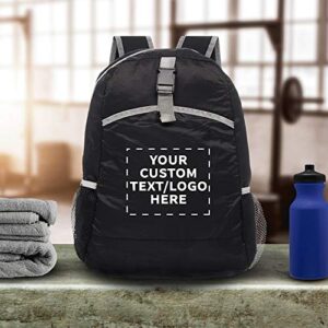 DISCOUNT PROMOS Custom Lightweight Travel Packable Backpacks Set of 24, Personalized Bulk Pack - Perfect for School, Camping, Outdoor Sports - Black