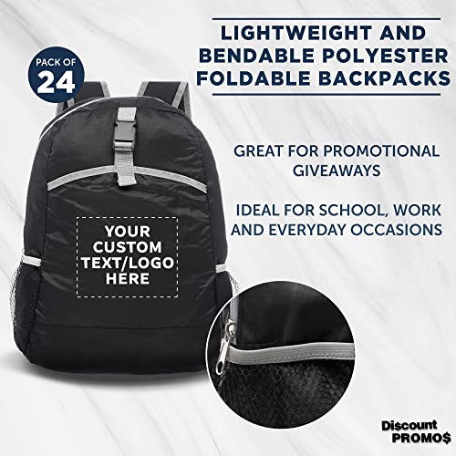 DISCOUNT PROMOS Custom Lightweight Travel Packable Backpacks Set of 24, Personalized Bulk Pack - Perfect for School, Camping, Outdoor Sports - Black