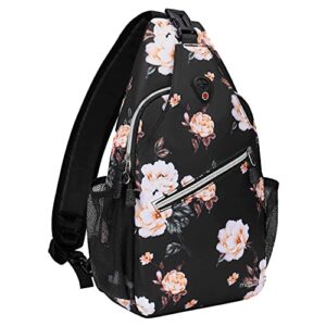 mosiso sling backpack, multipurpose travel hiking daypack camellia rope crossbody shoulder bag, black