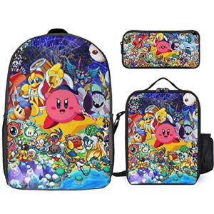 mayeec kir-by 3 piece backpack set, fashion schoolbag with lunch box and pencil bag, 3d print laptops bag bookbag for boys girls