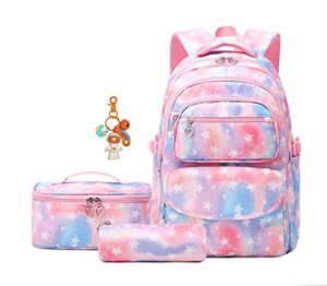 kids backpack with lunch box, backpack for girls, lightweight elementary bookbags middle-school backpacks set, cute star-print schoolbag