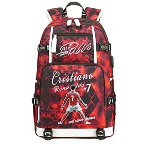 nucery soccer player c-ristiano ronaldo multifunction backpack travel student laptop fans flame element bookbag for men women (dark red – 4)