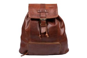 zinda genuine leathers unisex backpack drawstring satchel flap over book bag multiple pockets travel bag (cognac)