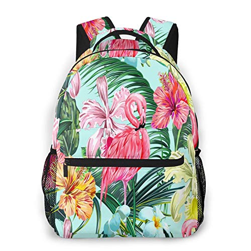 Wozukia Pink Flamingos Casual Backpack Tropical Exotic Flowers Palm Leaves Jungle Leaf Hibiscus Orchid Flower Botanical In Hawaiian Style Daypack for Camping Hiking Travel Bookbag 11.5 X 8 X 16 Inch