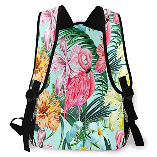 Wozukia Pink Flamingos Casual Backpack Tropical Exotic Flowers Palm Leaves Jungle Leaf Hibiscus Orchid Flower Botanical In Hawaiian Style Daypack for Camping Hiking Travel Bookbag 11.5 X 8 X 16 Inch