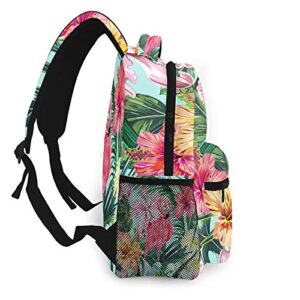 Wozukia Pink Flamingos Casual Backpack Tropical Exotic Flowers Palm Leaves Jungle Leaf Hibiscus Orchid Flower Botanical In Hawaiian Style Daypack for Camping Hiking Travel Bookbag 11.5 X 8 X 16 Inch