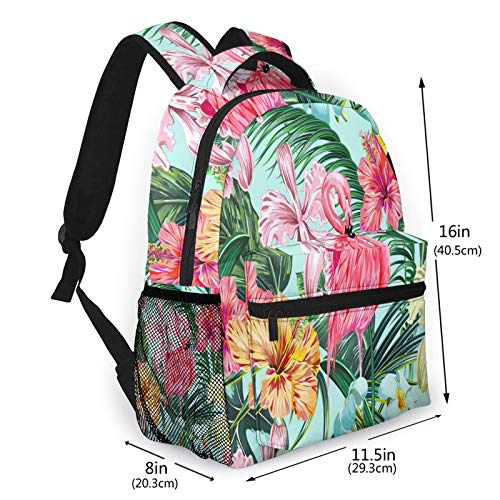 Wozukia Pink Flamingos Casual Backpack Tropical Exotic Flowers Palm Leaves Jungle Leaf Hibiscus Orchid Flower Botanical In Hawaiian Style Daypack for Camping Hiking Travel Bookbag 11.5 X 8 X 16 Inch
