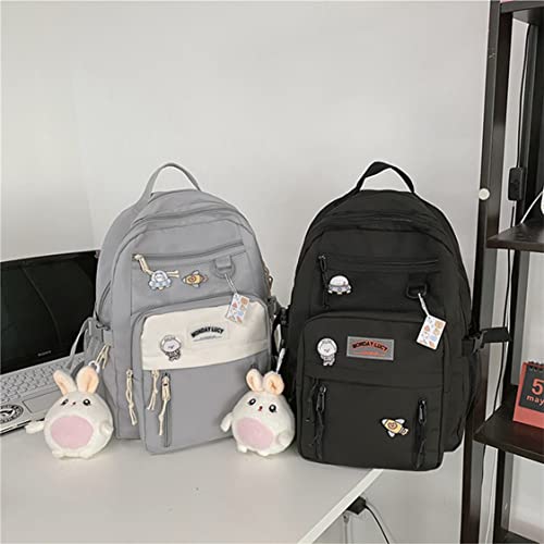 HIQUAY Kawaii Basic Backpack Cute Rucksack for Teen Girls Aesthetic Student Bookbags with Pendant and Lots of Pockets for School (Grey)