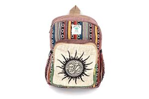 unique design sun with om print 100% himalaya hemp backpack small backpack hippie backpack festival backpack hiking and laptop backpack fair trade handmade with love.