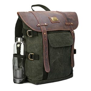 canvas backpack for men genuine leather cover vintage travel rucksack school book bag, fit 15.6″ laptop (green)
