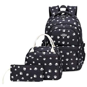 goldwheat 3pcs dog paw prints backpack and lunch-bag set for girls school student book bag middle school-bag