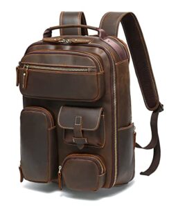taertii full grain leather backpack for men, fits 15.6″ laptop multi pockets travel bag daypack rucksack – brown