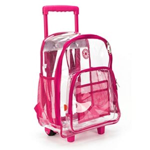 ihim rolling clear backpack heavy duty bookbag quality see through workbag travel daypack transparent school book bags with wheels hot pink