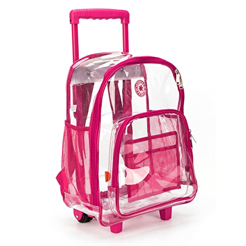 iHim Rolling Clear Backpack Heavy Duty Bookbag Quality See Through Workbag Travel Daypack Transparent School Book Bags with Wheels Hot Pink