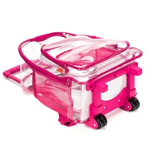 iHim Rolling Clear Backpack Heavy Duty Bookbag Quality See Through Workbag Travel Daypack Transparent School Book Bags with Wheels Hot Pink