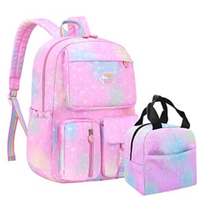 school backpacks for teen girls laptop backpack with lunch bag，cute waterproof travel bookbags pink